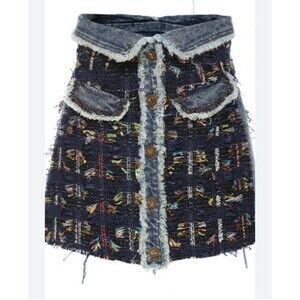 Gawqo Tweed Denim Skirt Fringe Boho Jean Mini Cottage Plaid Boho Gyaru Waist 30”